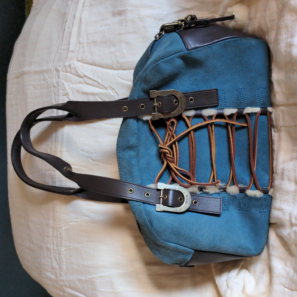 UGG blue suede bowler bag with leather and shearling trim
